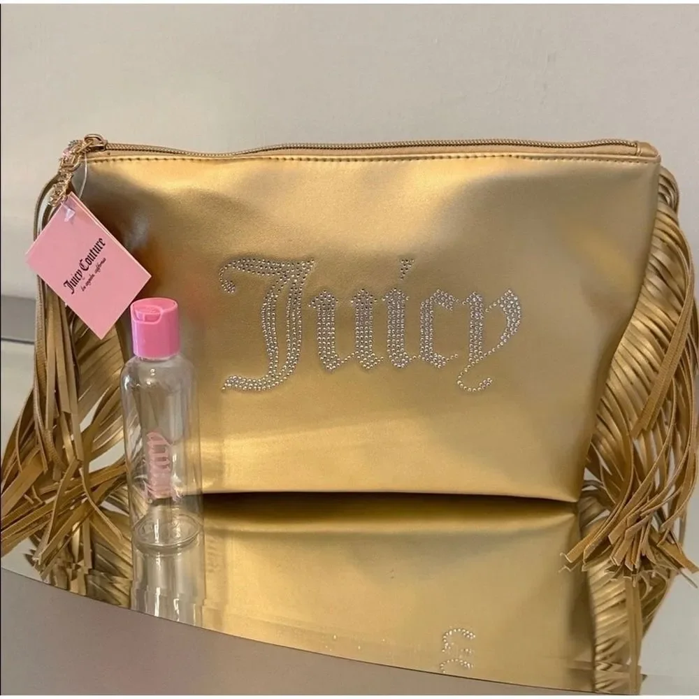 Juicy Couture Cosmetic Bag Womens OS Gold NEW Rhinestone Fringe Travel Pouch